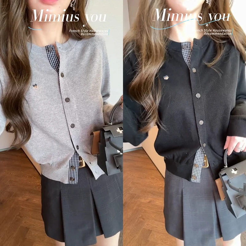 【mimius】P 简约休闲舒适柔软格纹拼接小刺绣开衫 WG07029