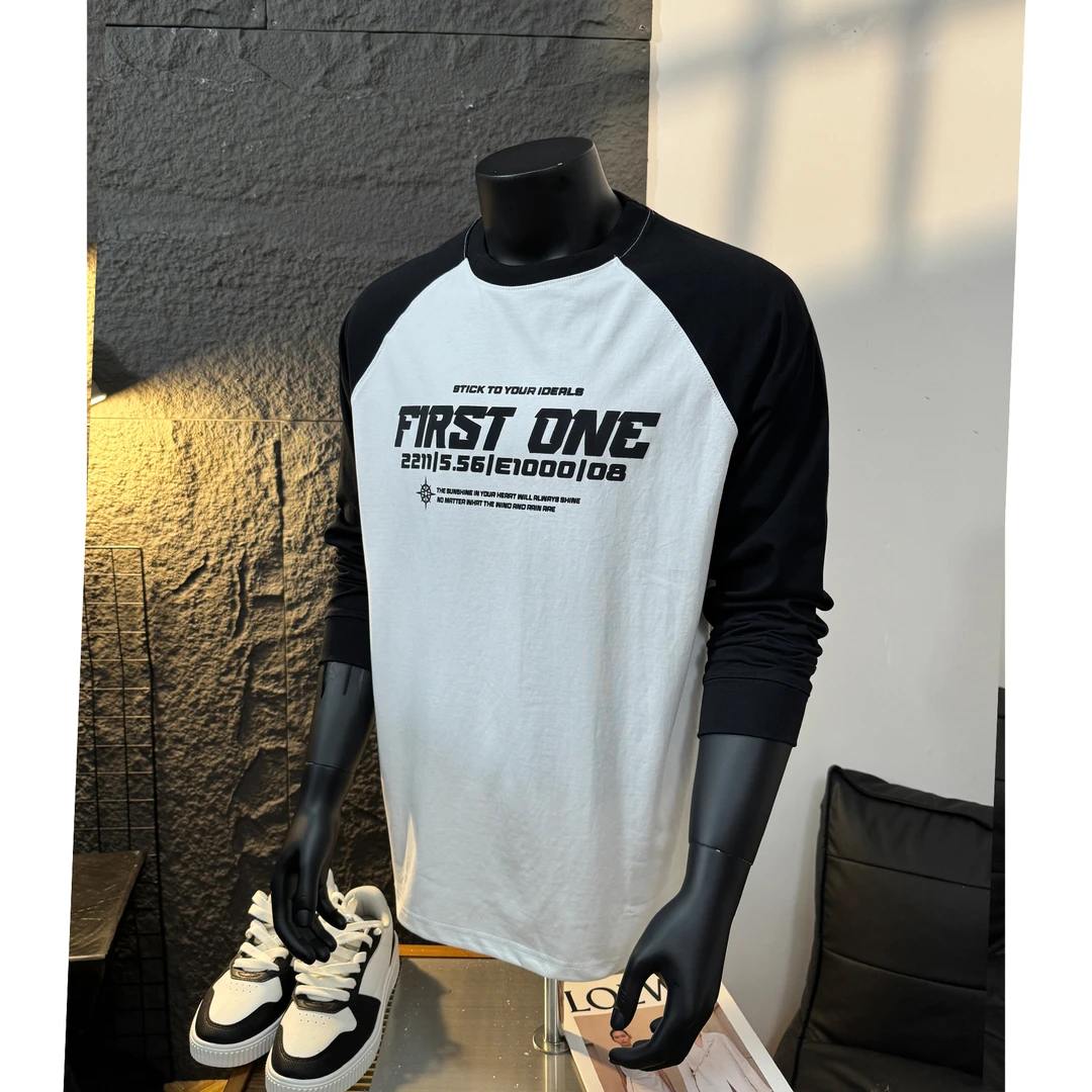 男装秋季新品260G重磅针织拼色长袖T恤男加大码宽松插肩印花上衣