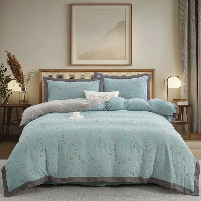 【花漾】-在水一方-A类全棉双层纱色织提花四件套柔软亲肤纱布