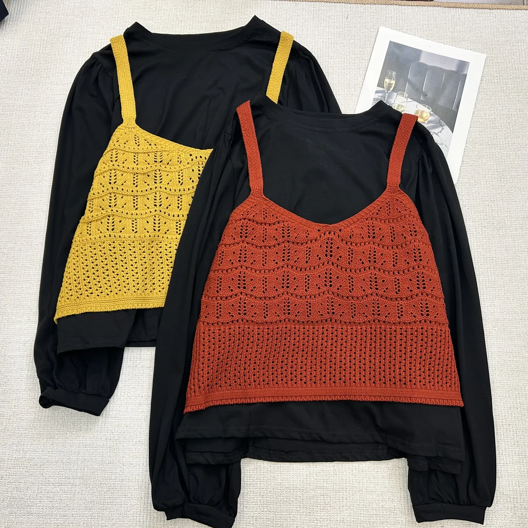 【叶子服饰】秋季新款基础百搭打底衫+针织吊带两件套套装8133