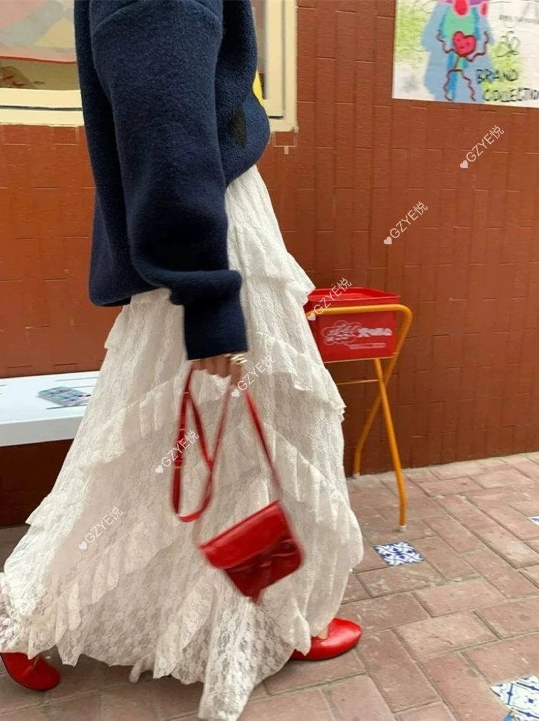 复古拼接斜纹白色蕾丝半身裙女早春松紧腰带腰绳显瘦网纱A字长裙