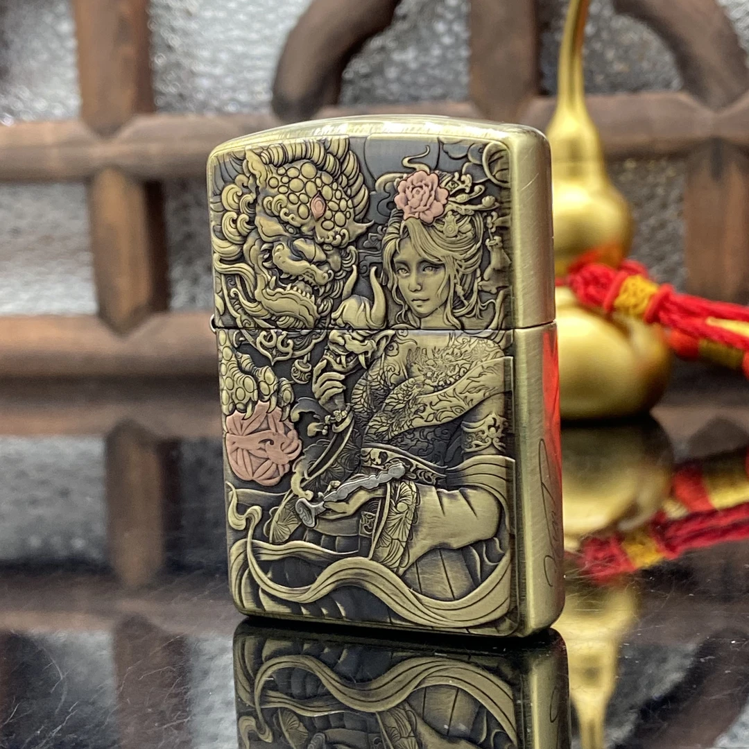 ZIPPO/之宝打火机  唐狮锦鲤女郎盔甲黄铜镶嵌紫铜【小飞甄选】DYJ1
