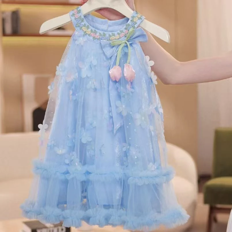 AYJ250300女童夏款气质蓝色网纱洋气公主裙