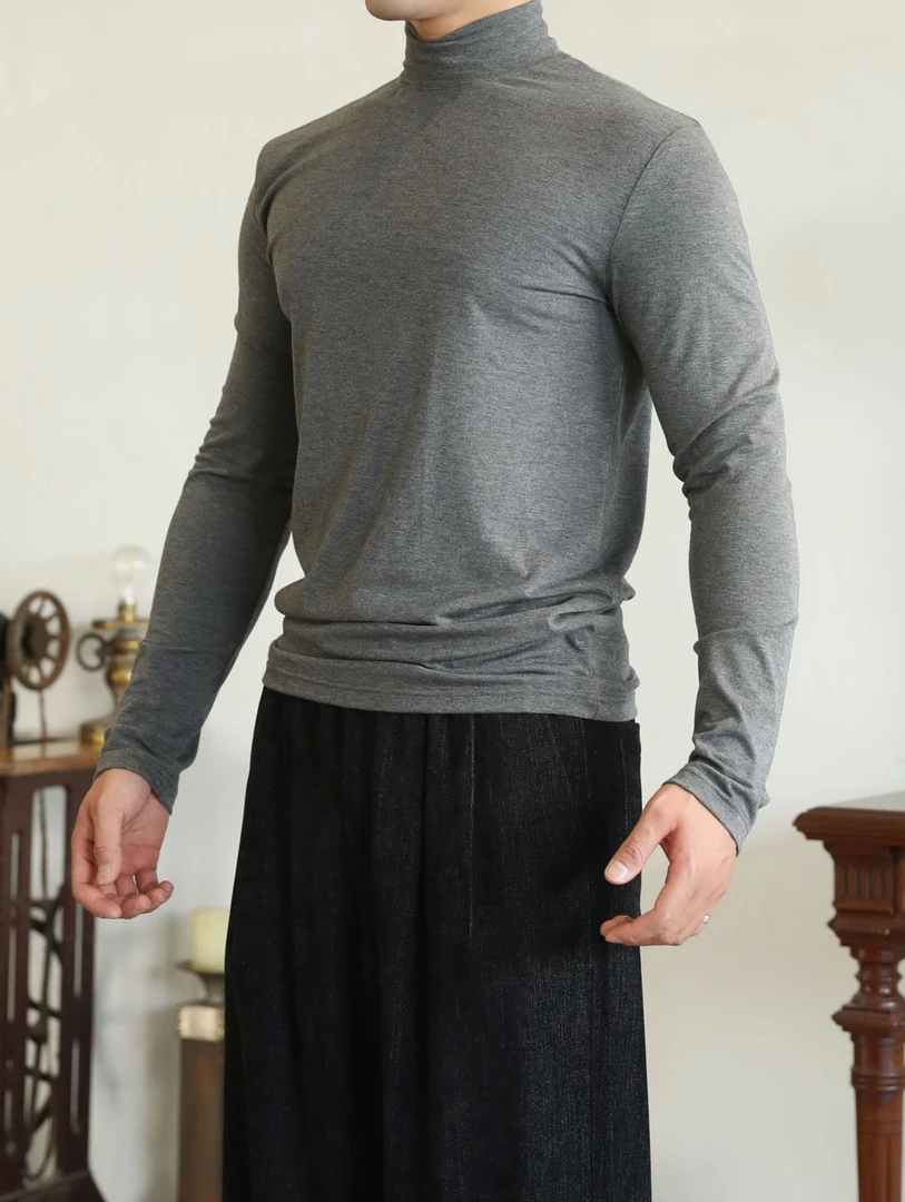 XBAI男士修身|不属于图案透气圆领长袖T恤上衣标准弹力高领打底衫