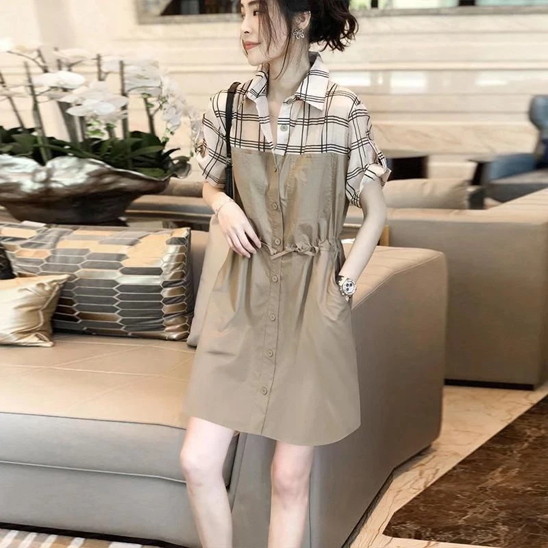 5883 气质休闲衬衫连衣裙女收腰显瘦拼接格子短裙新款欧洲站