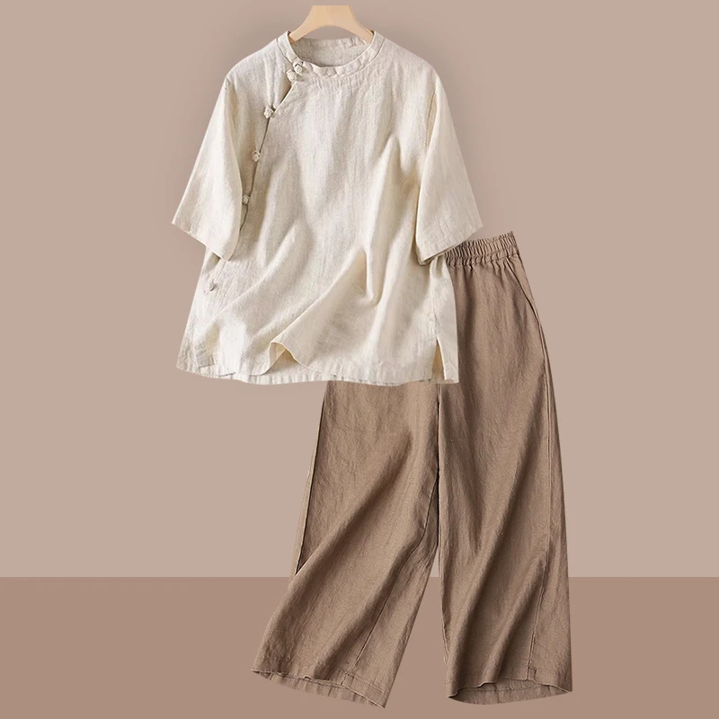 妈妈夏装休闲套装女士2025新款文艺复古苎麻T恤亚麻阔腿裤两件套