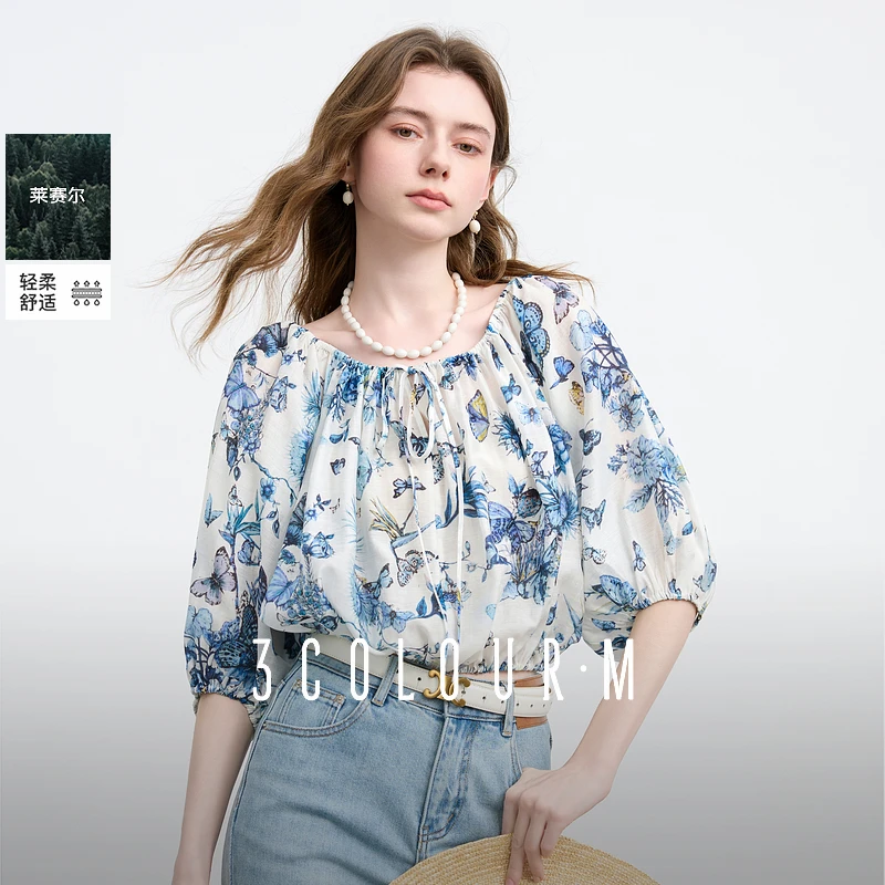 三彩2025夏季新款繁花小衫圆领系带七分灯笼袖莱赛尔宽松短款M