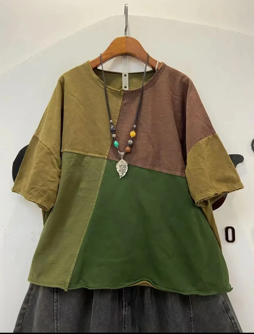 夏季新款炒色拼接复古半袖T恤休闲文艺宽松百搭短袖(衣长58)