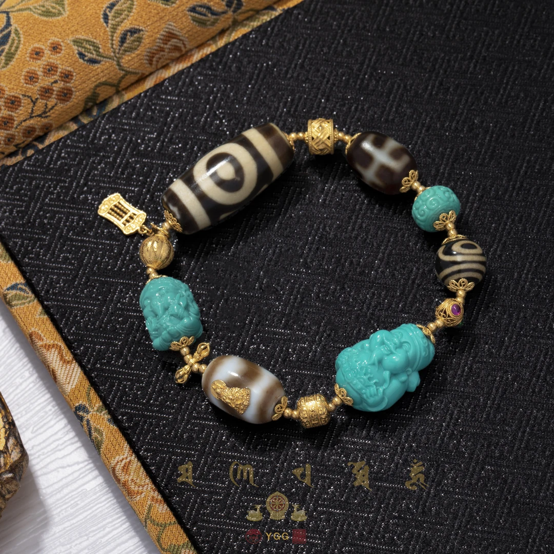 员格格【孤品】18K金镶嵌绿松财财手串/星辰天地玛瑙/GPLRCF863