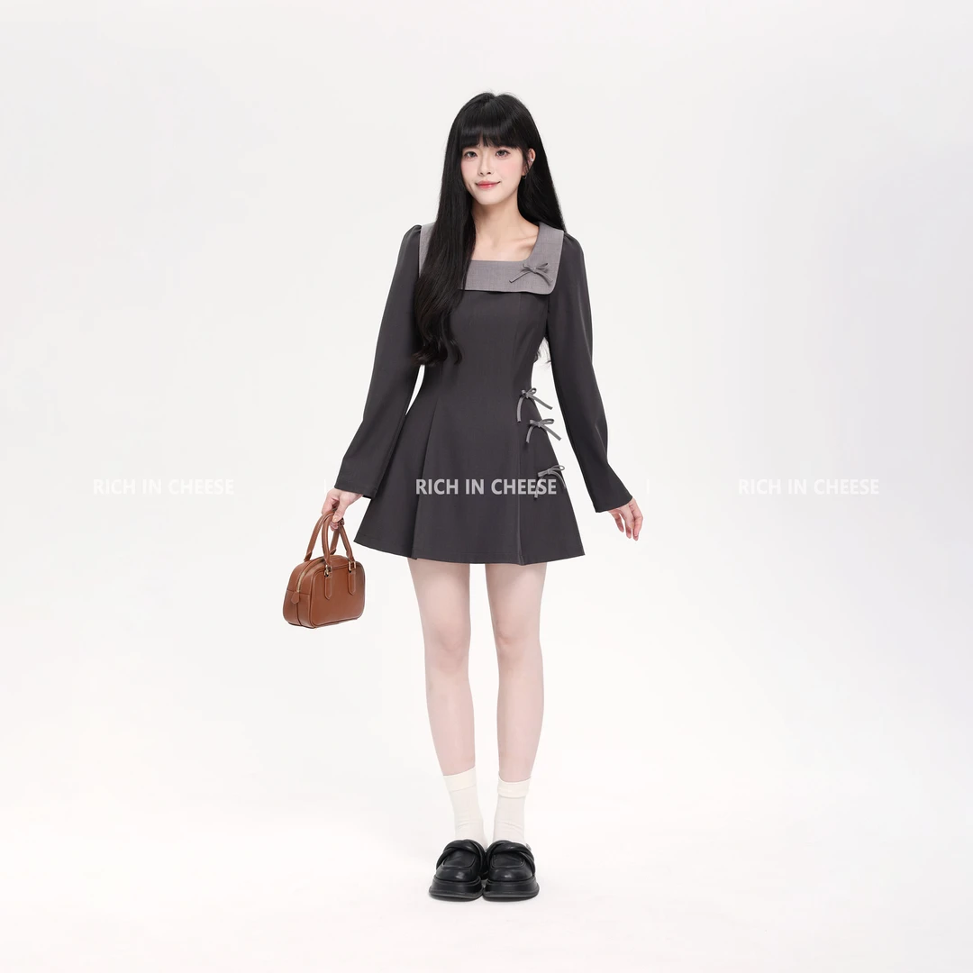 【清清】RICHINCHEESE 沐川晚枫 秋冬高级撞色方领气质收腰连衣裙