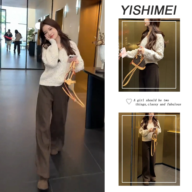 今年流行一整套2025年新款圆领长袖针织上衣高腰休闲裤两件套装