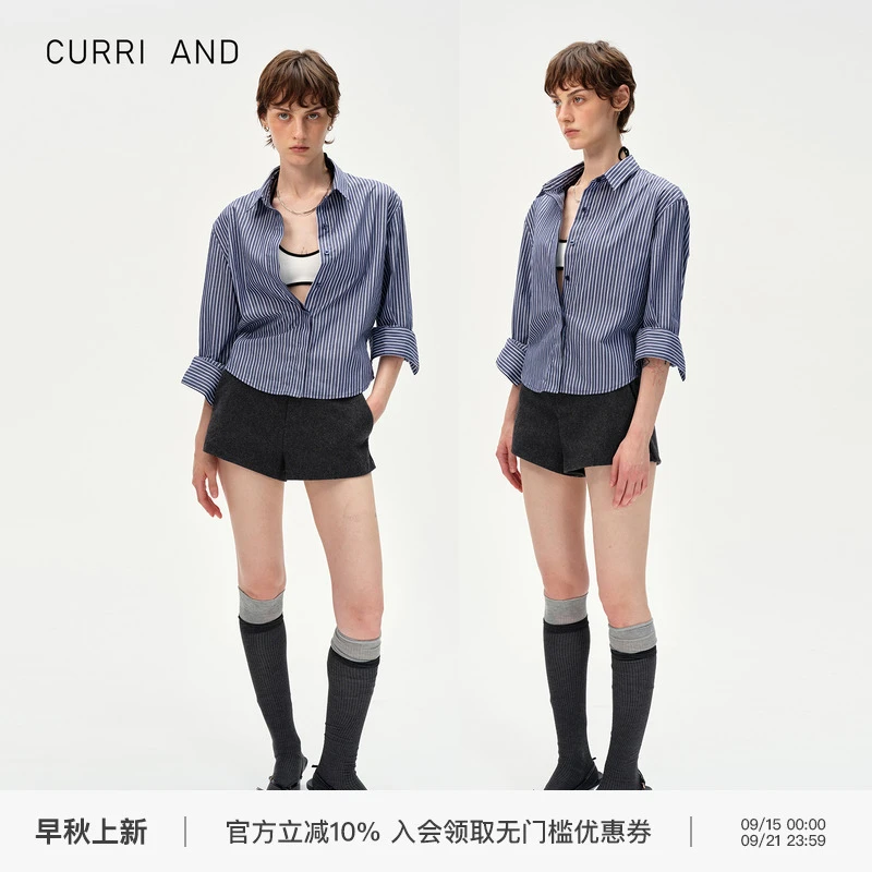 【专属】CURRI AND宽松落肩收腰可调节挺括透气蓝白条纹/波点衬衫