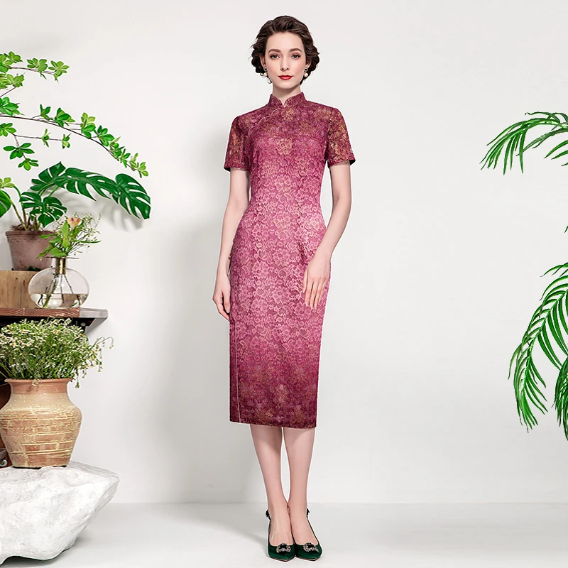 『粉黛』喜婆婆喜妈妈婚宴装大码复古显瘦改良蕾丝旗袍裙MQP10B7136