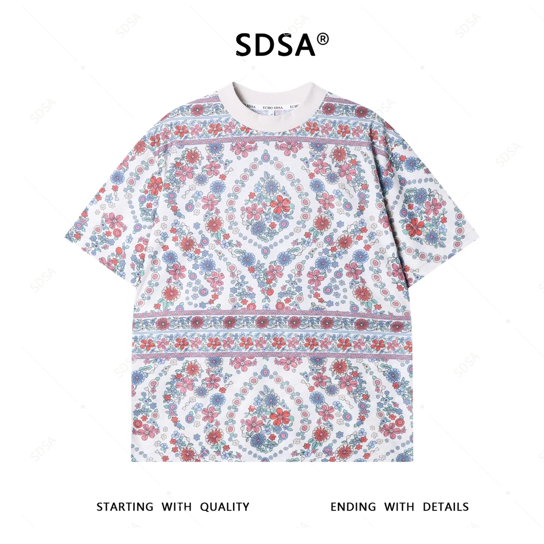 夏季高级感新款男士韩系满印多彩花卉短袖T恤时尚简约圆领上衣