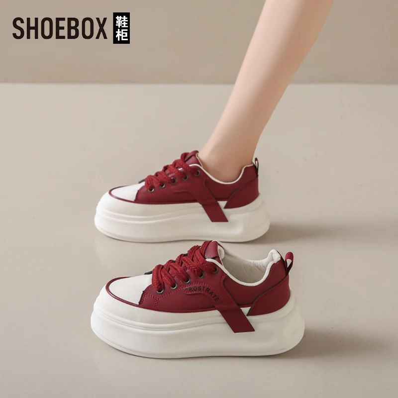 SHOEBOX鞋柜红色运动鞋女2025新款春季小白鞋百搭时尚潮流女鞋