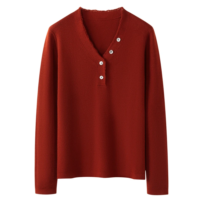 18针精纺】女士68支280克纯羊绒时尚新款V领套头纯色保暖长袖打底