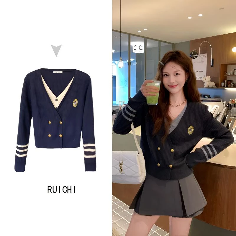 学院风2025秋季新款假两件上衣设计感小众撞色V领百搭针织上衣女