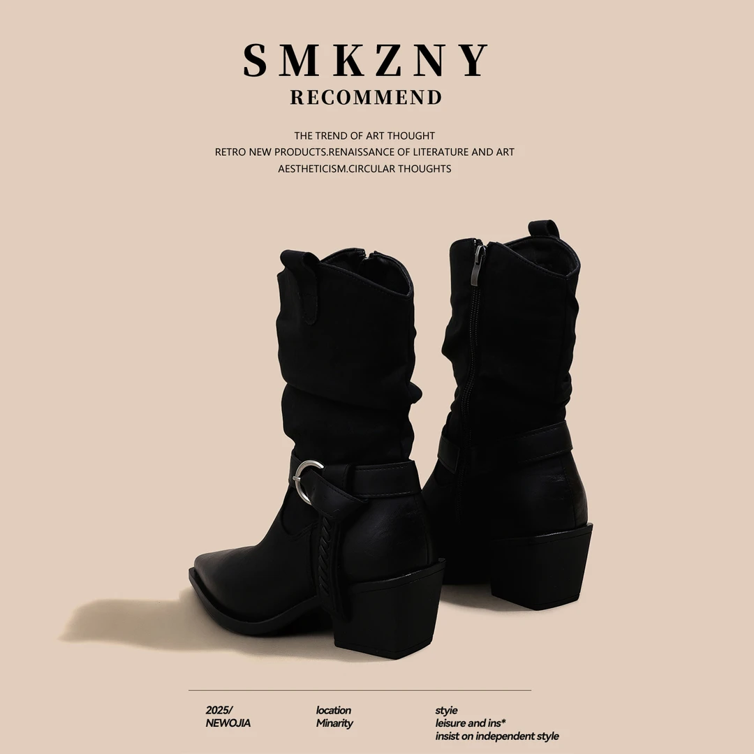 粗跟时尚马丁靴女款2025新款韩版单鞋英伦风休闲百搭显高舒适短靴