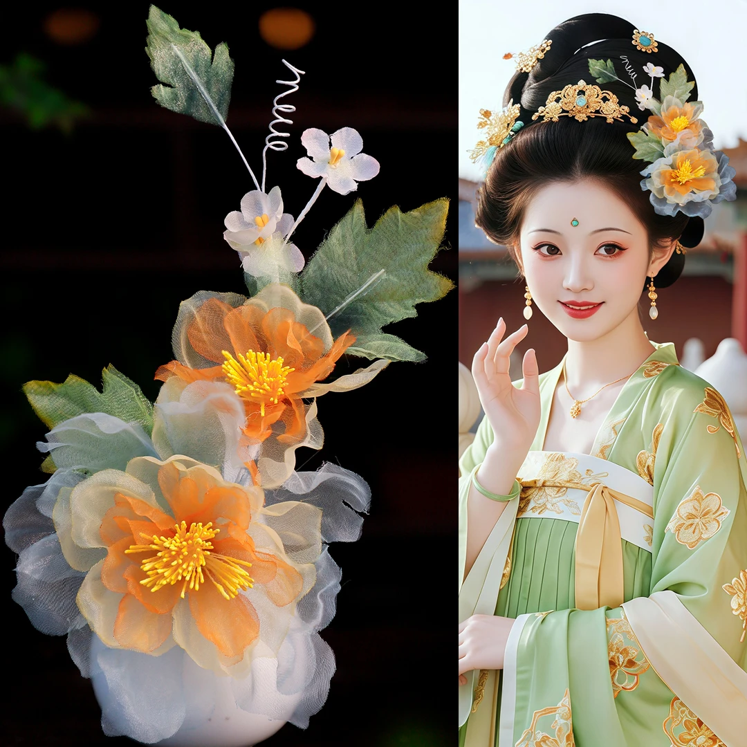 古风花朵绢纱烫花百搭仙气头饰边夹发饰唐风复古气质头饰少女发夹