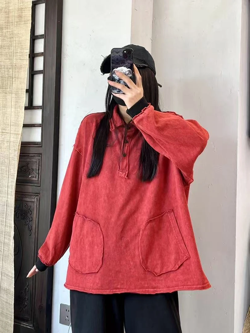 9869复古大口袋砂洗做旧长袖上衣宽松显瘦休闲卫衣女