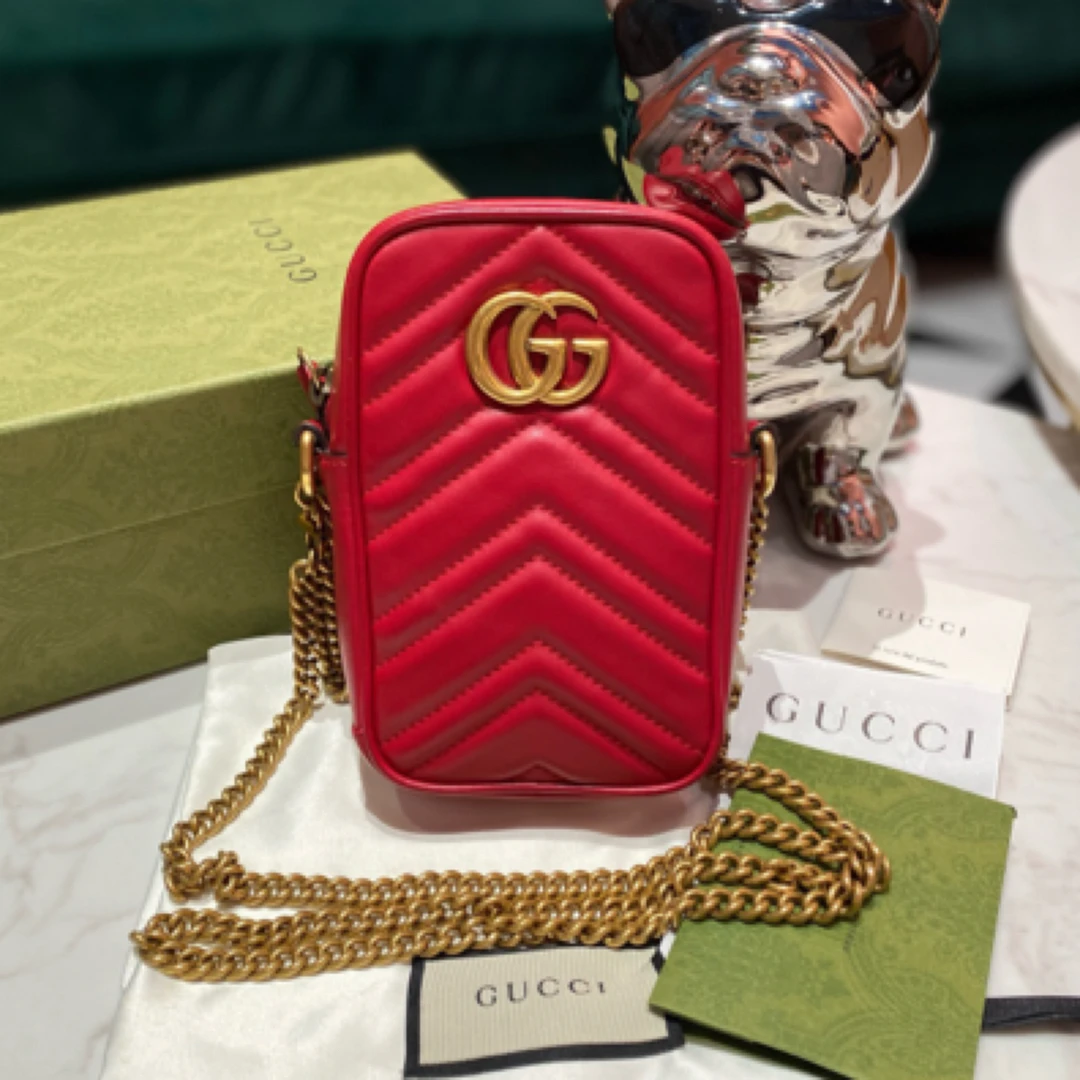 95新 GUCCI/古驰 马蒙红色手机包相机包