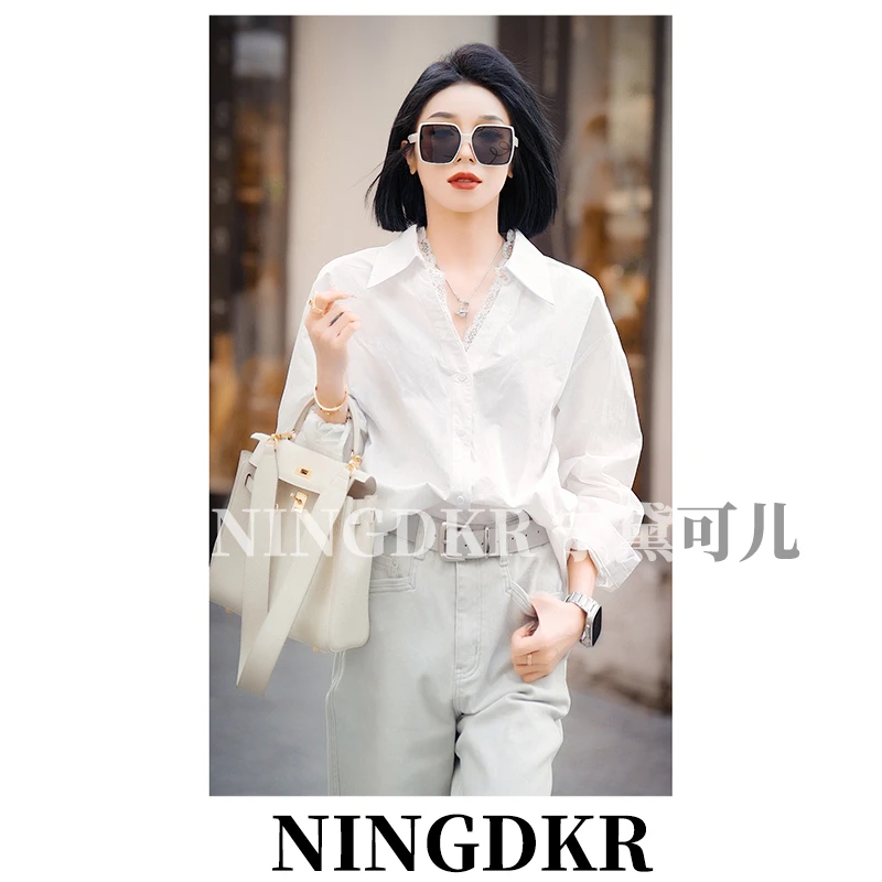 黛B40119设计小性感V领拼接蕾丝花边白色衬衫女宽松显瘦长袖衬衣