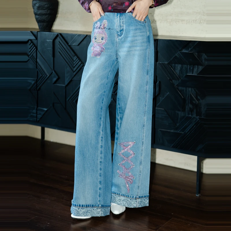 TCH烫钻工艺时尚休闲百搭夏季秋款牛仔裤裤子阔腿裤女新款轻奢tch