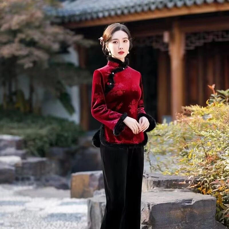 直播间专用秋冬加绒加厚旗袍上衣气质款加绒加厚保暖