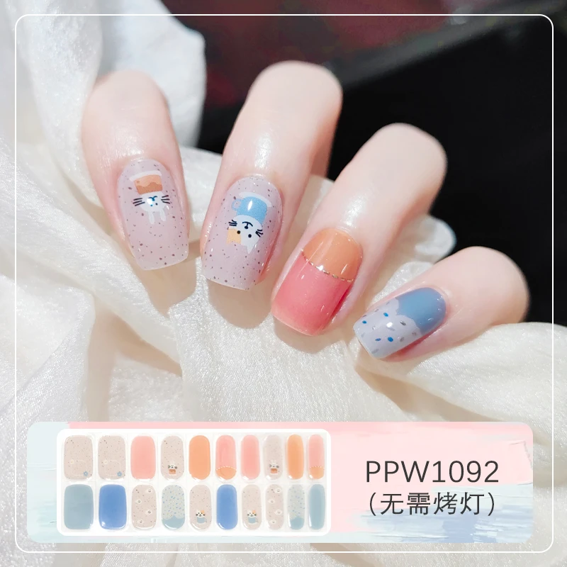 美盖免烤美甲贴纸ppw1092 指甲贴片亮泽防水无需烤灯蓝粉小猫