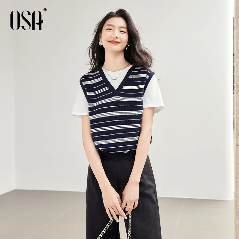 OSA/欧莎 【循环马甲T】假两件针织T恤通勤女时尚薄上衣S125A16023