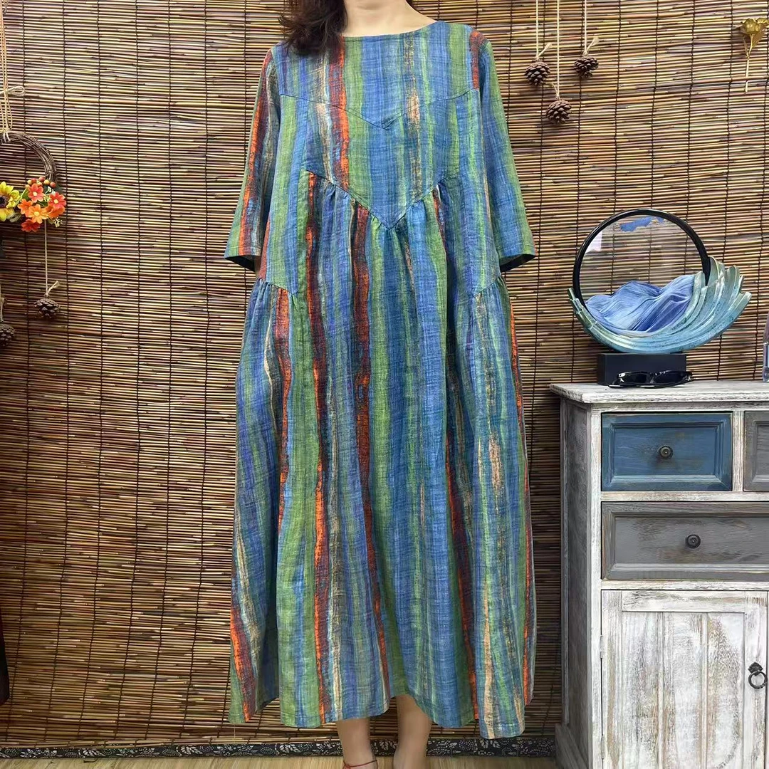 8856新款优雅显瘦V型圆领蓝桔竖条大摆长款连衣裙时尚