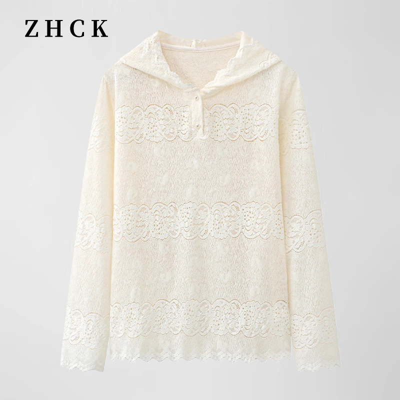 ZHCK时尚百搭镂空连帽打底衫2025新款气质拼接长袖宽松打底衫女