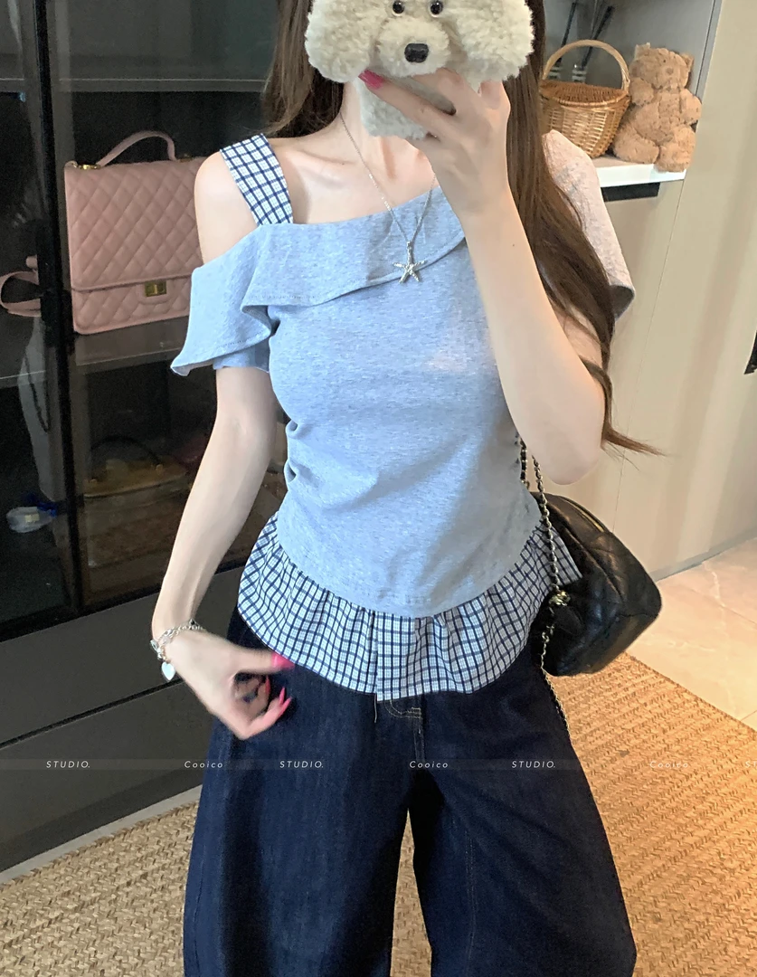 大码胖mm夏季2025新款设计感格子拼接假两件斜肩上衣