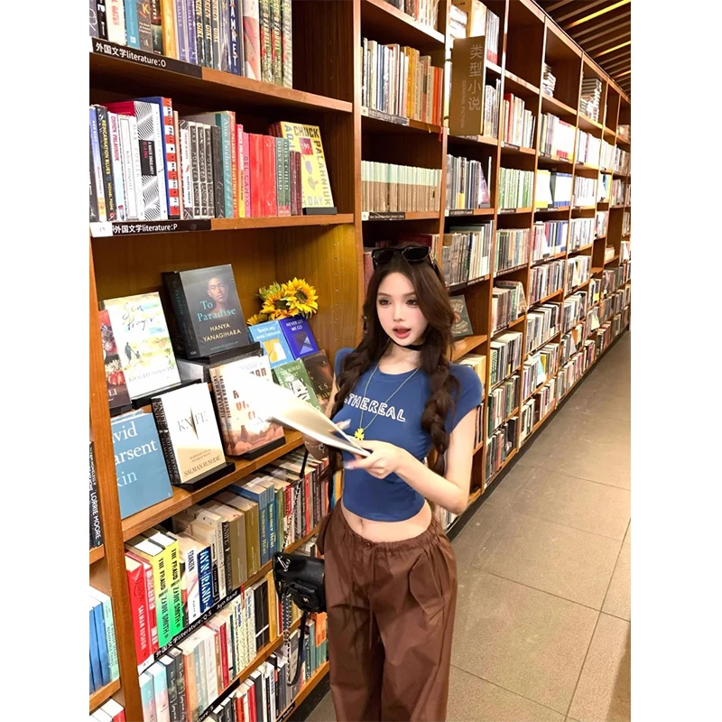 洋气衣服女美式字母短袖T恤显瘦辣妹上衣女直筒阔腿工装裤套装