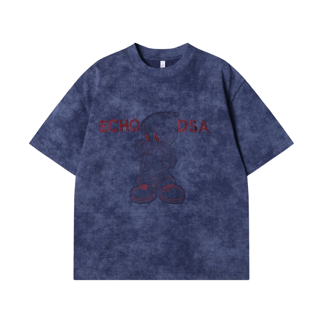 夏季高级感新款撞色刺绣字母卡通圆领短袖T恤百搭情侣潮流上衣