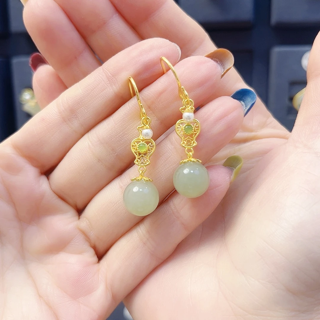 和田玉银S925镀金镶嵌耳饰