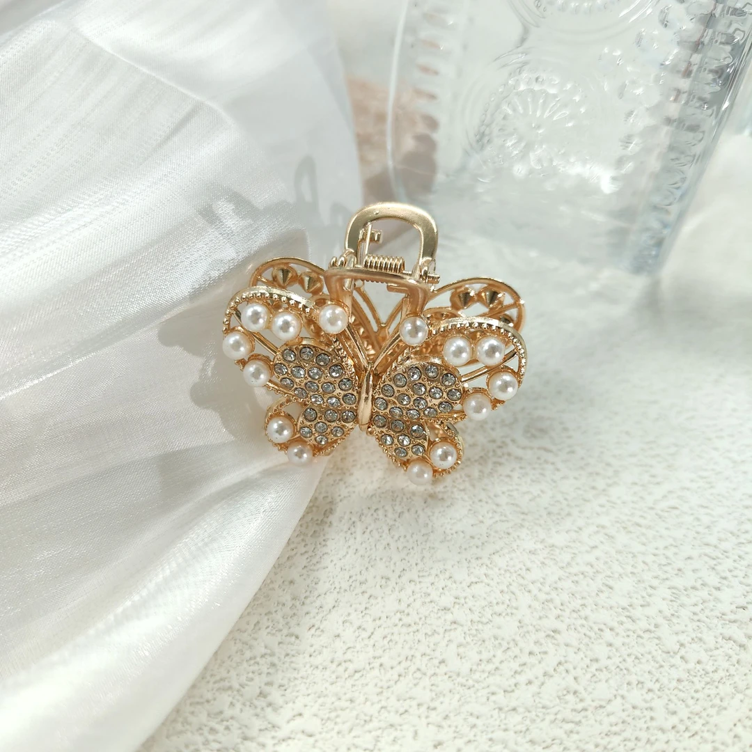 新款珍珠抓夹女网红百搭小号蝴蝶侧边夹镶钻高级感后脑勺半扎发夹