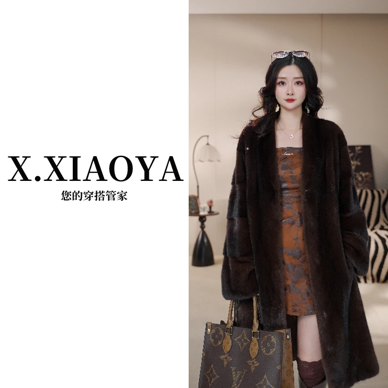 【小尹夫妇精选】2025新款马哈根尼黑金V领长款水貂外套女优雅宽松