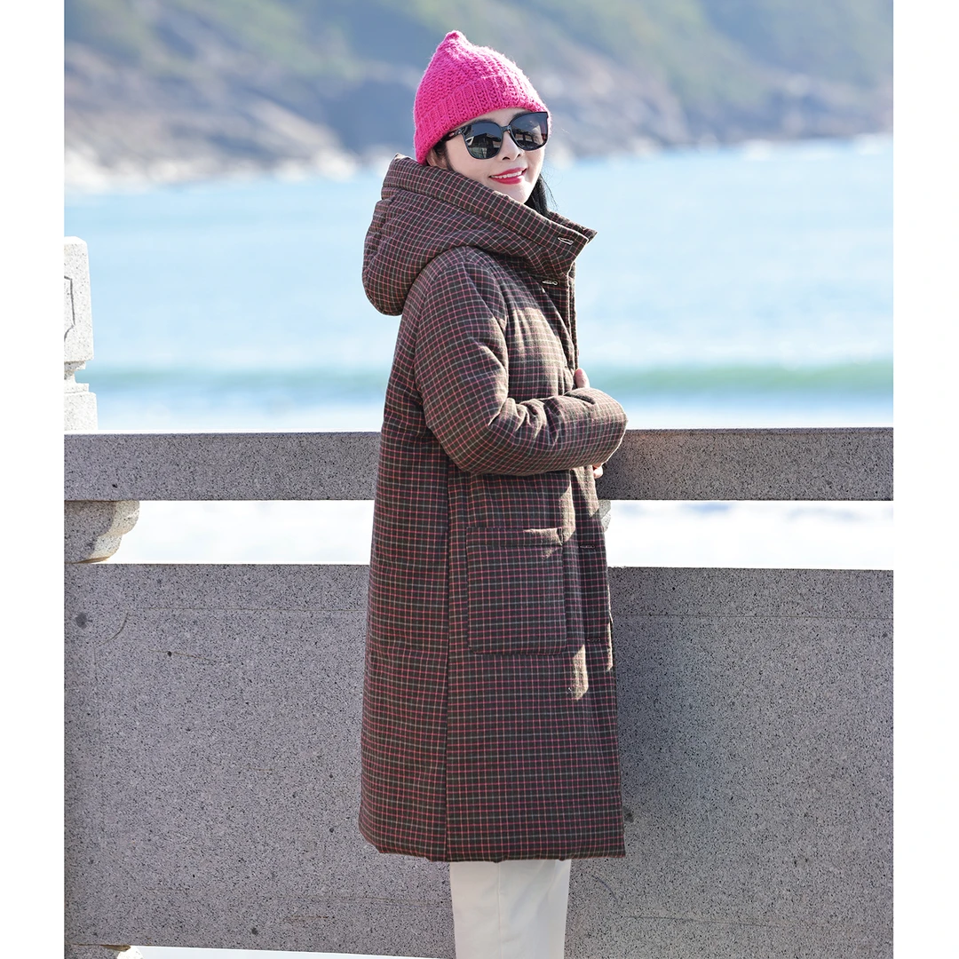 素茶/十木米原创冬新款全棉色织格子文艺百搭连帽加厚棉服外套女