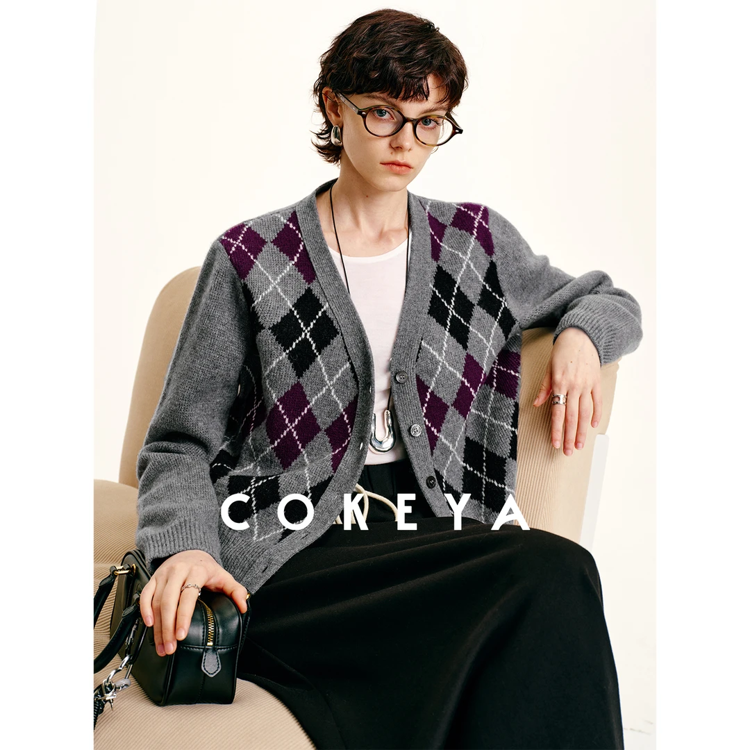 COKEYA/M1U系可露丽~复古学院风菱格提花V领精纺羊毛针织开衫女秋