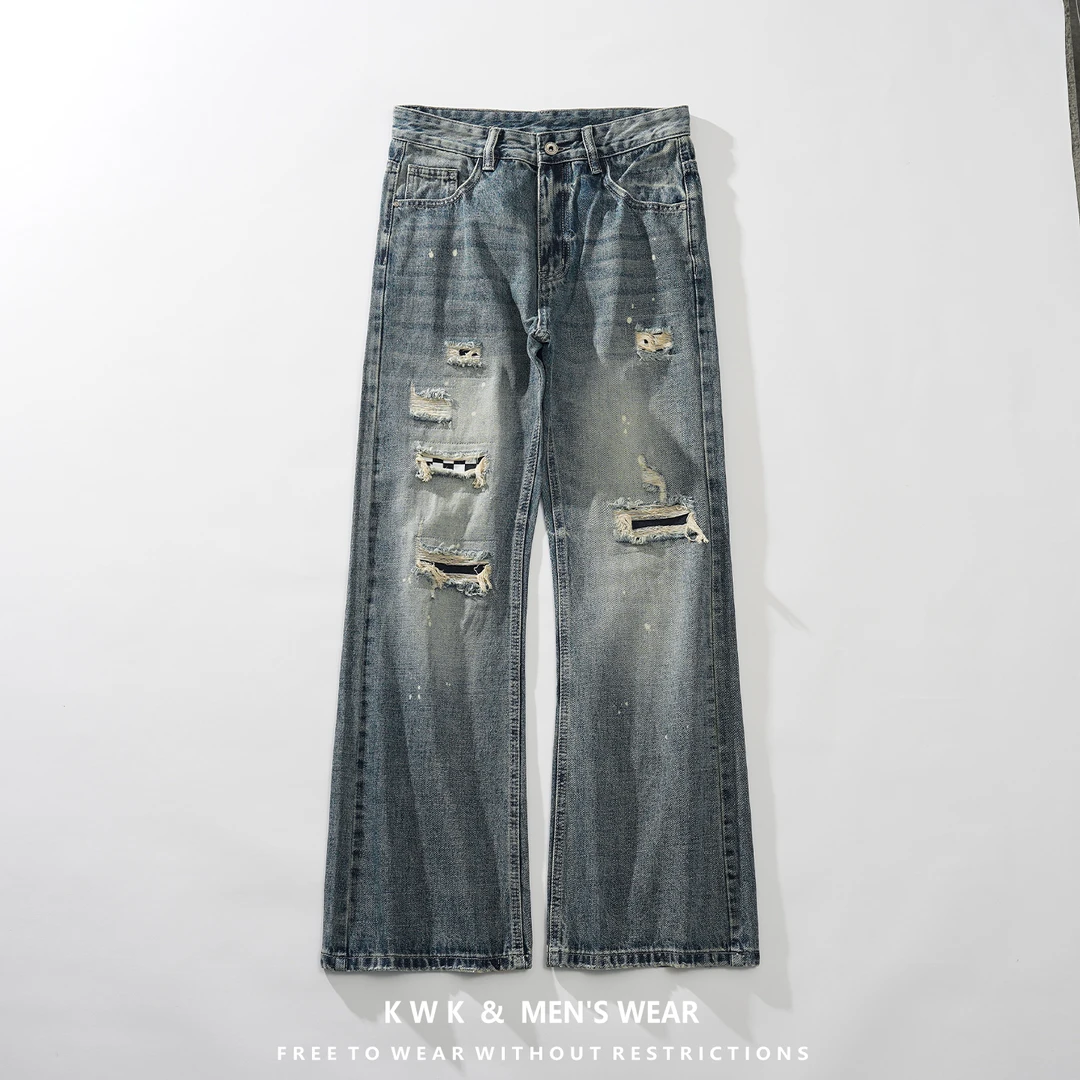 男士直筒牛仔裤个性贴布宽松破洞喇叭裤潮流百搭做旧春秋季长裤子