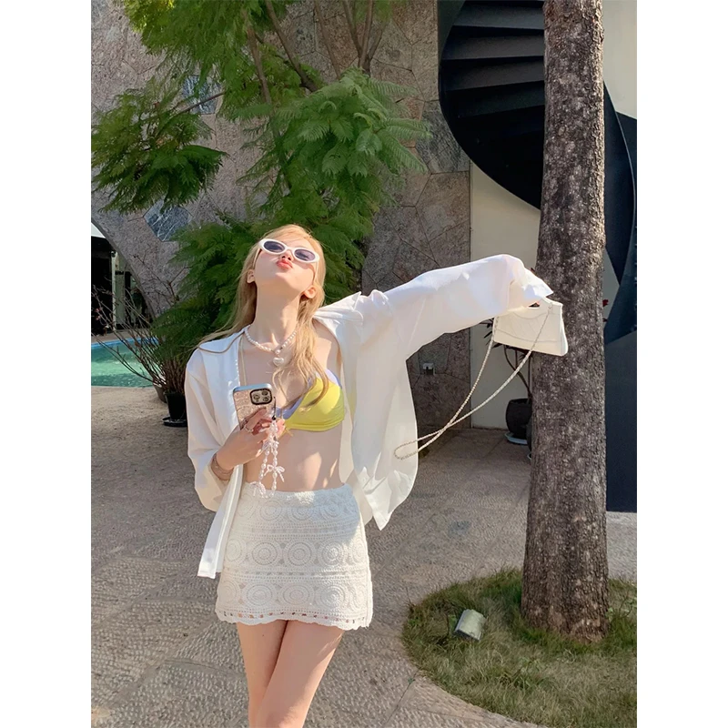 度假风休闲翻领衬衫长袖上衣女2025夏季新款高腰百搭休闲包臀短裙