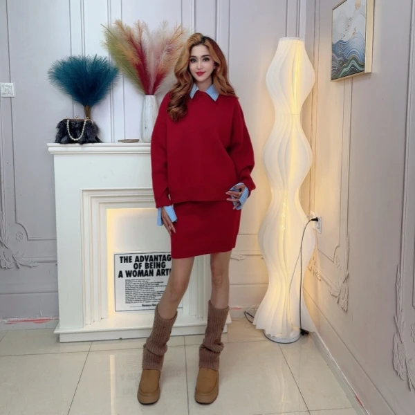 【两件套】气质网红针织时尚休闲百搭红色秋冬设计师11223