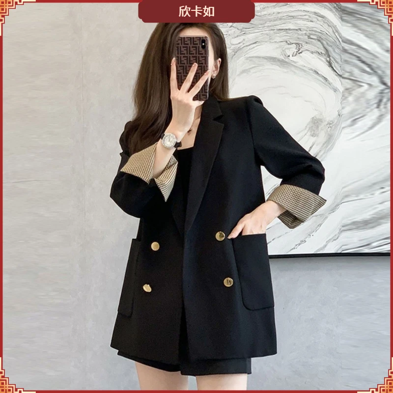 II黑色西装外套女春秋冬新款韩版宽松翻袖时尚简约通勤双排扣西I