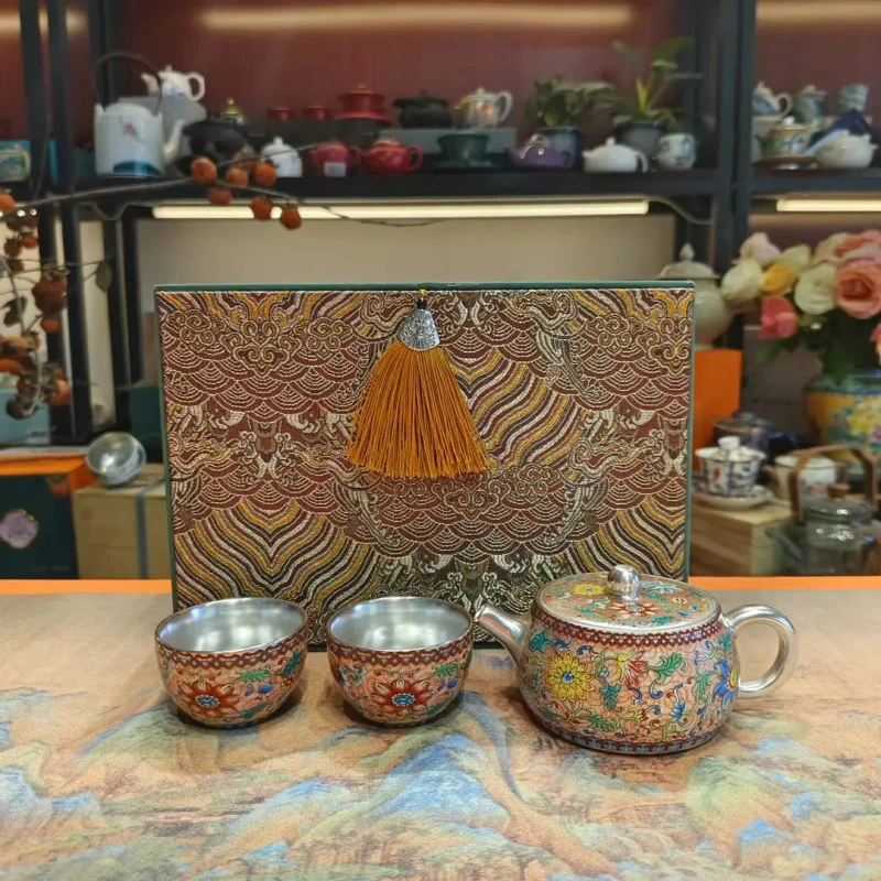 珐琅彩缠枝莲汉瓦壶一壶两杯家用轻奢送礼茶具-2148