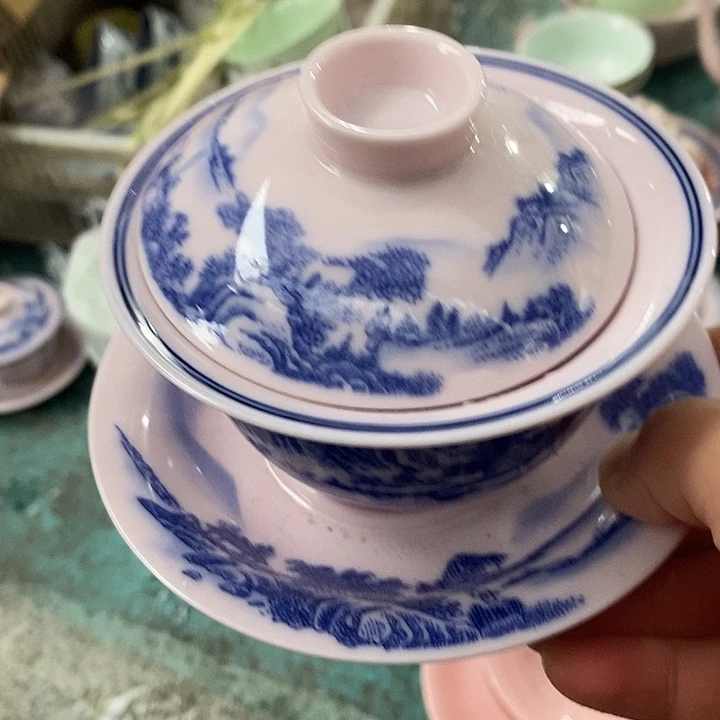 摆件陶红稀土富春山居三才盖碗