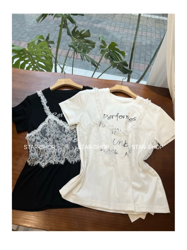 ｛个性T｝蕾丝拼接 假两件字母短袖T恤
