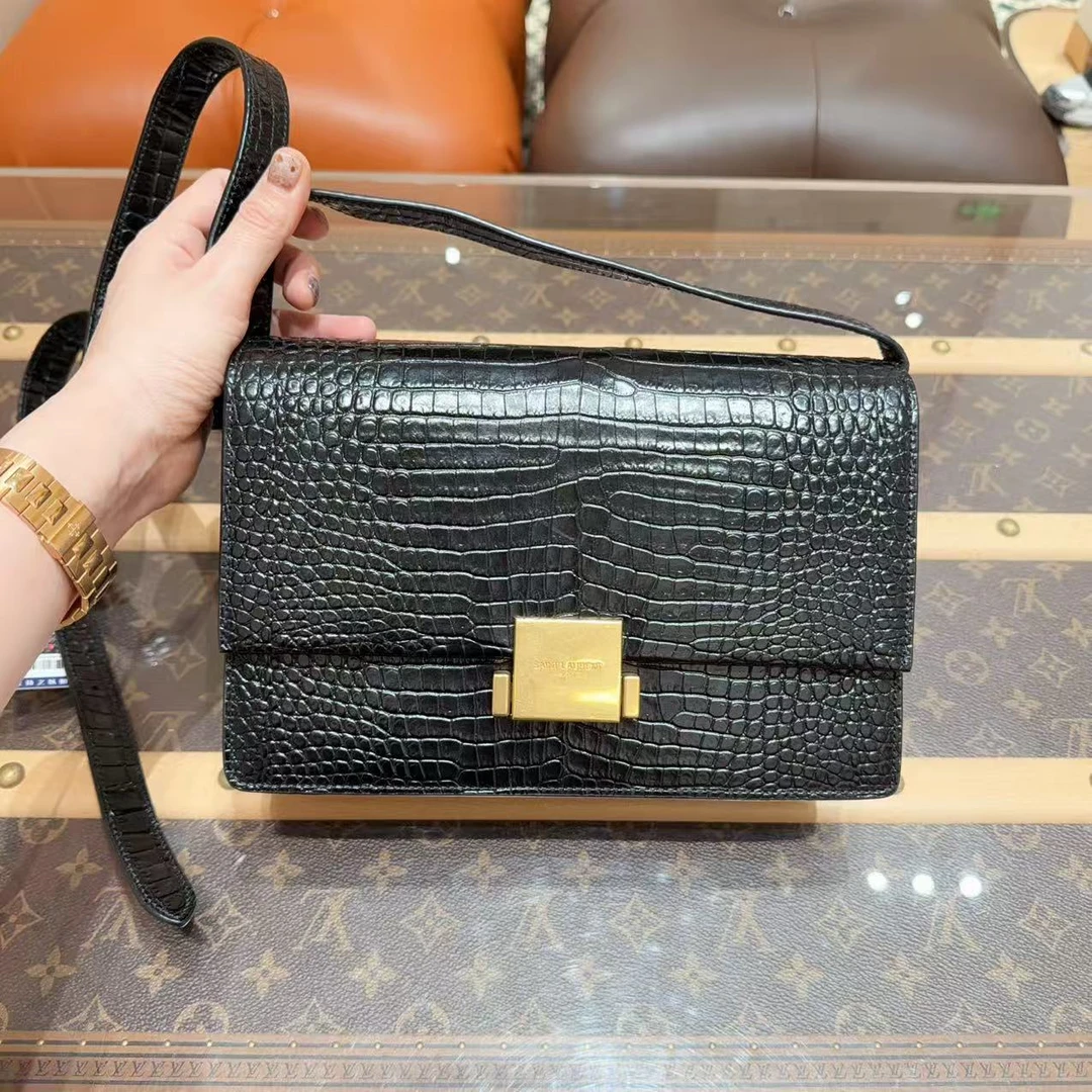 99新 YSL/圣罗兰 YSL 圣罗兰黑金小号 曼哈顿鳄鱼压纹单肩斜挎包