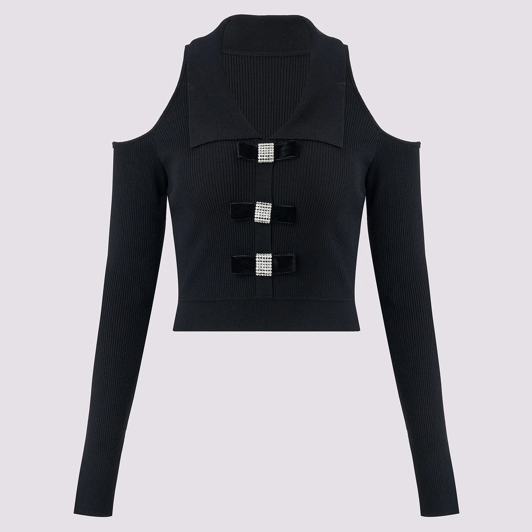 MAXRIENY黑色长袖翻领子复古露肩毛衫秋冬约会女