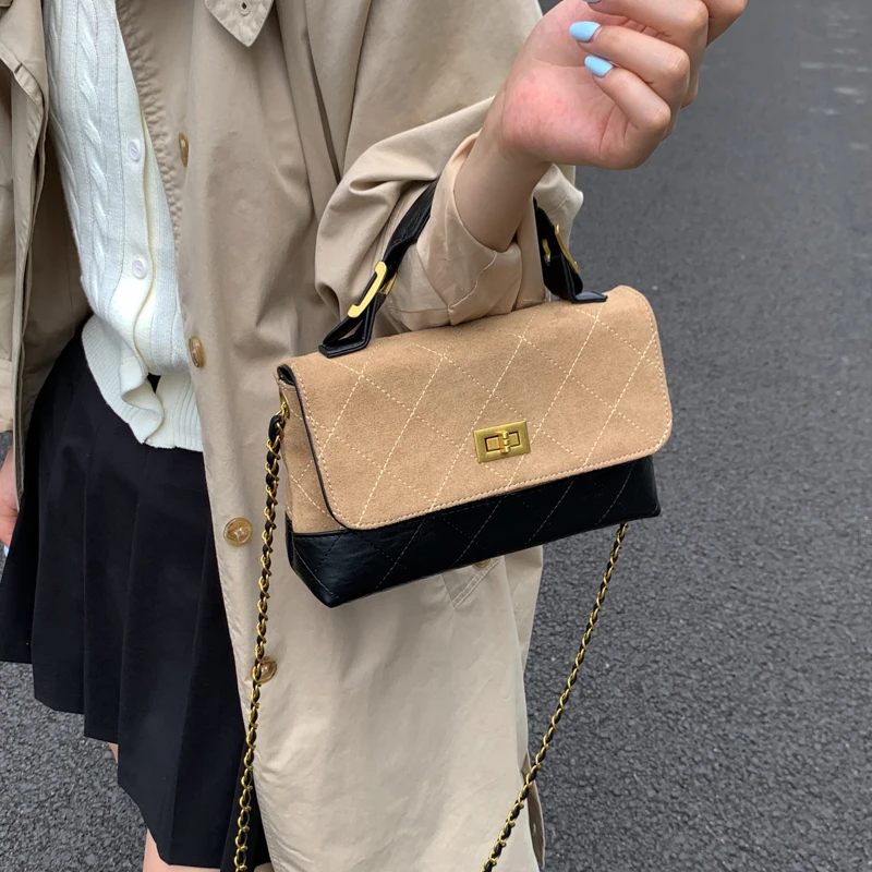 韩系小众撞色邮差包2025早秋新款小香风菱格链条包洋气手提斜挎包